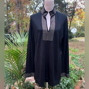 Tory Burch ✨ Black V-Neck Merino Wool Tunic Top Dress, Taupe Rhinestones, L, EUC